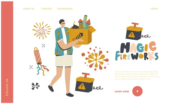 Man Carry Box com modelo Pyrotechnics Landing Page. Personagem masculino feliz desfrutando fogos de artifício ao ar livre para férias —  Vetores de Stock