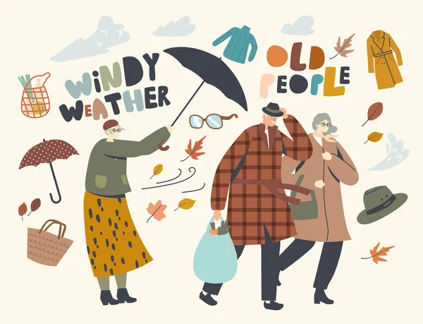 Senioren vechten met sterke wind, ouder paar man en vrouw lopen in winderig weer, oude dame met kapotte paraplu — Stockvector