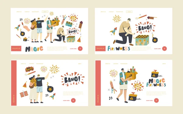 Personajes Disfrutando de Fireworks Landing Page Template Set. Celebración de Navidad o Año Nuevo, caja de transporte hombre con petardos — Vector de stock