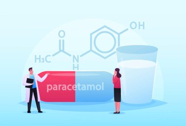 Tiny Doctor and Patient Characters Stand at Huge Formula of Paracetamol Medicament. Pharmaceutical Remedy, Healthcare clipart