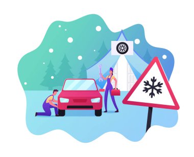 Yol güvenliği, kaza, garaj servisi. Tamirci karakterleri kışın araba lastiklerini değiştirirler. Tamirci.