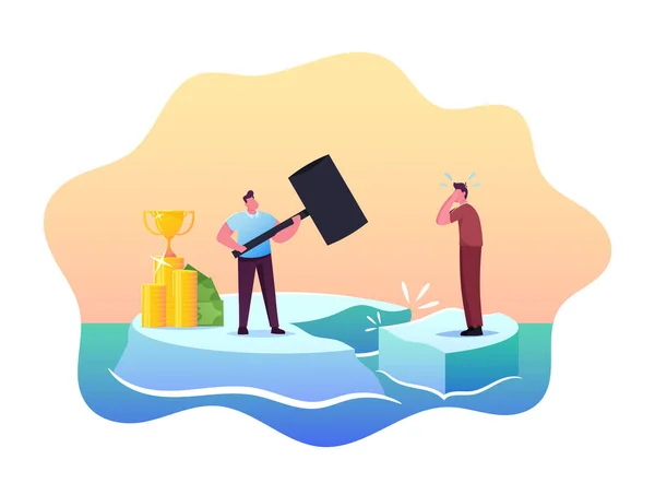 Successful, Wealthy Male Character Hitting Ice Floe with Hammer to Drive Out Poor Man in Rough Clothes, Unequal Income — Stock Vector