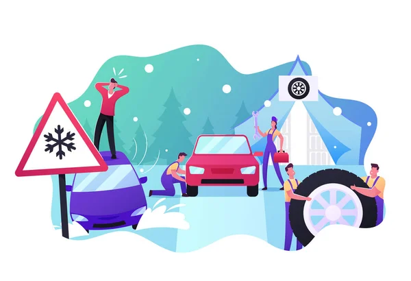 Los mecánicos cambian los neumáticos de verano en los de invierno. Desesperado personaje masculino de pie en el techo de su coche atascado en profunda deriva de nieve — Vector de stock