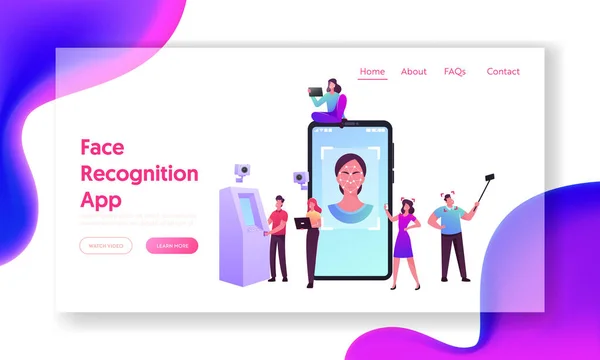 Face Detection, Facial Recognition Landing Page Template. Tiny Characters Scanning Face Id on Smartphone, Verification — Stock Vector