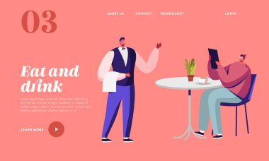 Misafirperverlik Tüketim İniş Sayfa Şablonu. Genç Adam Menü ve Kafe 'de Rahatlama Siparişi Veriyor. Garson Sipariş Al