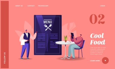 Cozy Cafe 'de Rahatlayan Adam Yemek İniş Sayfası Şablonu sipariş ediyor. Garson, menüyü getir. Turist Karakteri Restoranda Gevşe