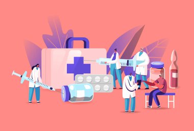 Sağlık sigortası, aşı. Küçük Doktor Karakterleri Hasta Enjeksiyonu için Büyük Şırınga hazırlayın. Kabinede Oturan Adam