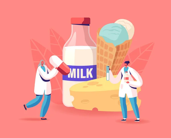 Intolerancia a la lactosa. Pequeños personajes médicos con enormes píldoras tratan la alergia en la producción láctea, problema de beber leche — Archivo Imágenes Vectoriales