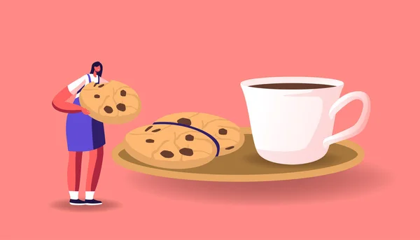 Liten kvinnlig karaktär äta enorma Cookie med choklad strössel på tefat och Cup med kaffe. Kvinnors drickande Varm drink — Stock vektor