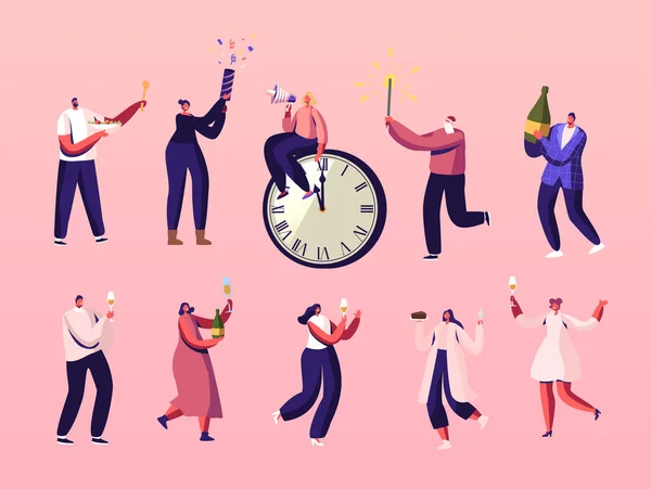 I personaggi festeggiano il nuovo anno Divertirsi, Bere Champagne, Mangiare pasti e sparare con le falde al Chiming Clock — Vettoriale Stock