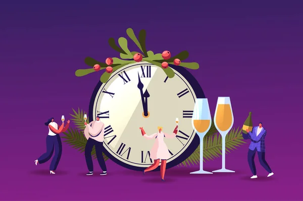 Happy Tiny postavy baví a pití šampaňské na obrovské zvonění hodiny se smrkovými větvemi, Lidé pozdrav — Stockový vektor