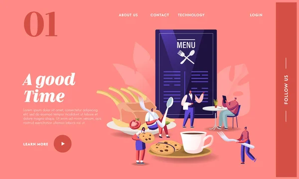 Látogatók Café Landing Page Sablon. Apró karakterek Ül körül hatalmas menü asztalok étteremben — Stock Vector