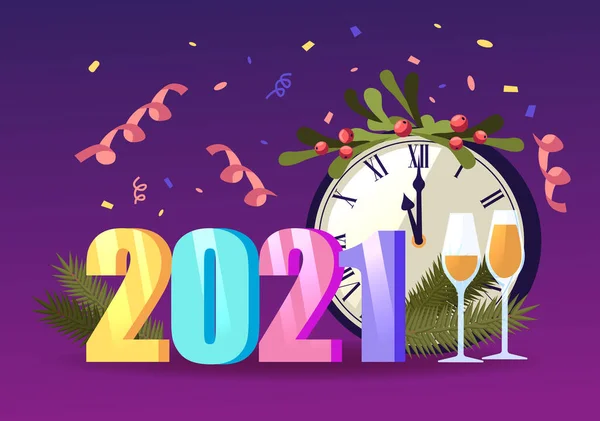 2021年新年ごあいさつカード番号、スプルースブランチで飾られたチミンクロック、シャンパンワイングラスとコンフェッティ — ストックベクタ