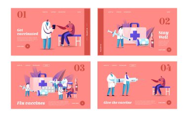 Sağlık Hizmetleri, Aşılama İniş Şablonu. Küçük Doktor Karakterleri Kabineye Büyük Şırınga Hazırlayın