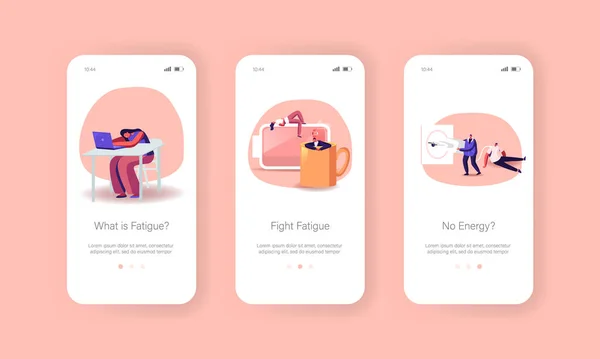 Fatigue, Low Energy and Working Buraless Mobile App Page Onboard Screen Template. 거대 한 컵에서 잠을 자고 긴장을 푸는 특성들 — 스톡 벡터