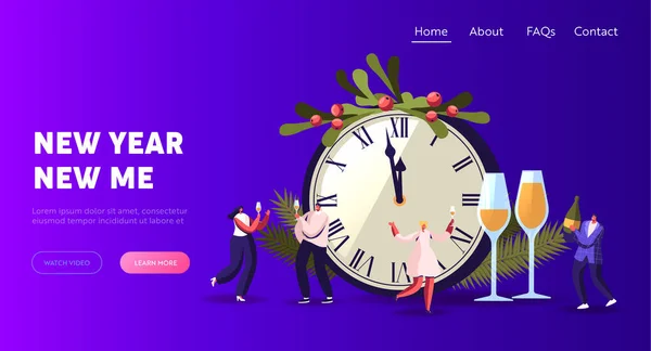 People Greeting, Dancing, Celebrate New Year Landing Page Template. Happy Characters having Fun and Drinking Champagne — Stockový vektor