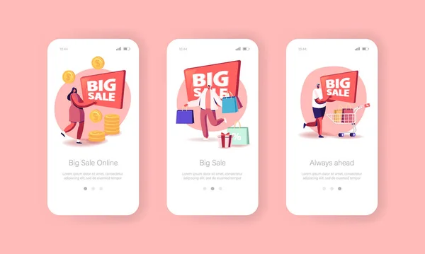 Online Big Sale Mobile App Page Onboard Skärmmall. Små karaktärer med väskor, Specialerbjudande Kampanj — Stock vektor