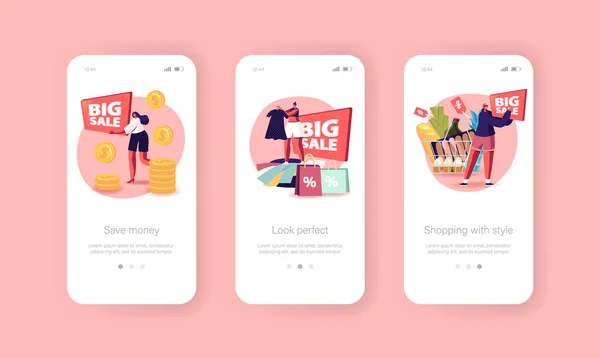 Plantilla de pantalla a bordo de la página de la aplicación móvil Big Sale. Personajes Compras en Descuento. Alegre Shopaholic con carro — Archivo Imágenes Vectoriales