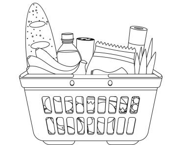 Sağlıklı yiyecek sepeti, siyah beyaz.