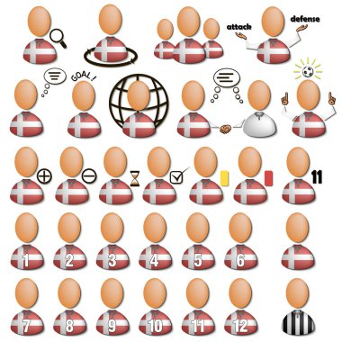 Futbol, Danimarka bayrağı renklerde oyuncu simgeleri ayarlayın. Vektör çizim