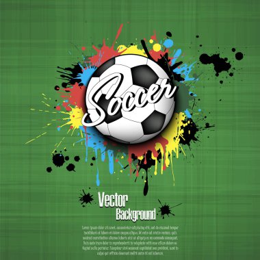 Boya lekesi arka plan üzerinde futbol topu. Mürekkep sıçraması ile futbol başlık. Vektör çizim