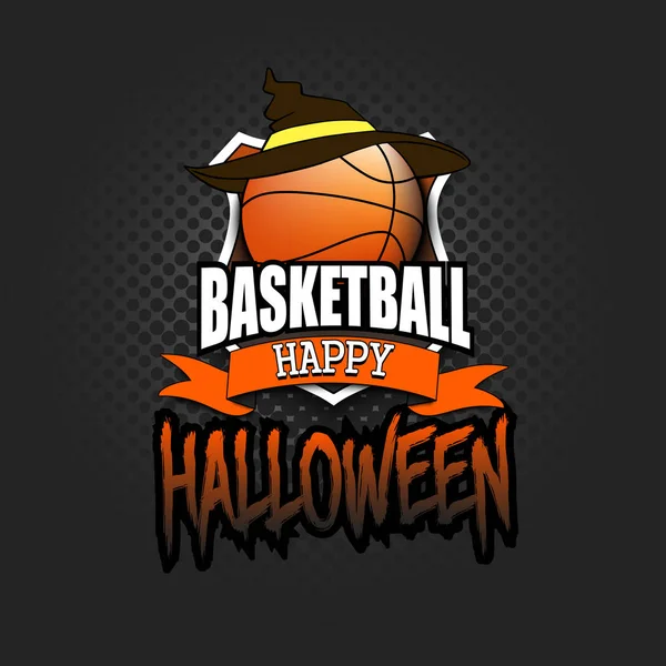 Balón de baloncesto con sombrero de bruja y Hallowen feliz — Archivo Imágenes Vectoriales