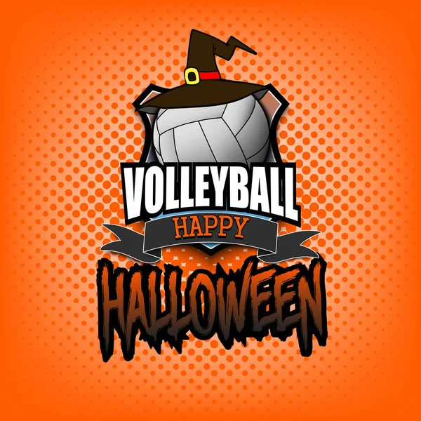 Volleybal bal met heks hoed en happy Halloween — Stockvector