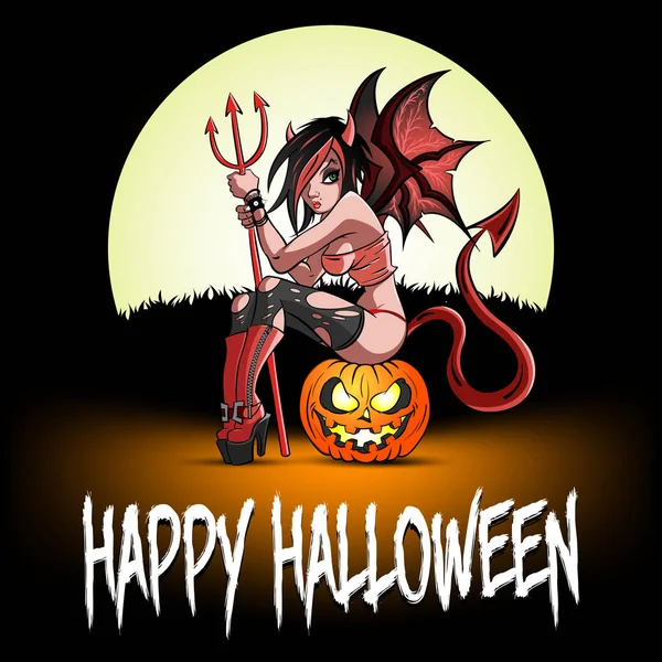 Sexy mujer diablo sentado en un halloween calabaza — Vector de stock