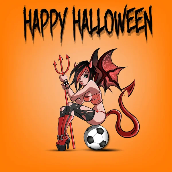 Femme diable sexy assis sur un ballon de football — Image vectorielle