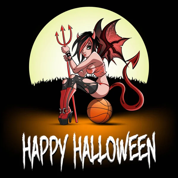 Femme diable sexy assis sur une balle de basket — Image vectorielle