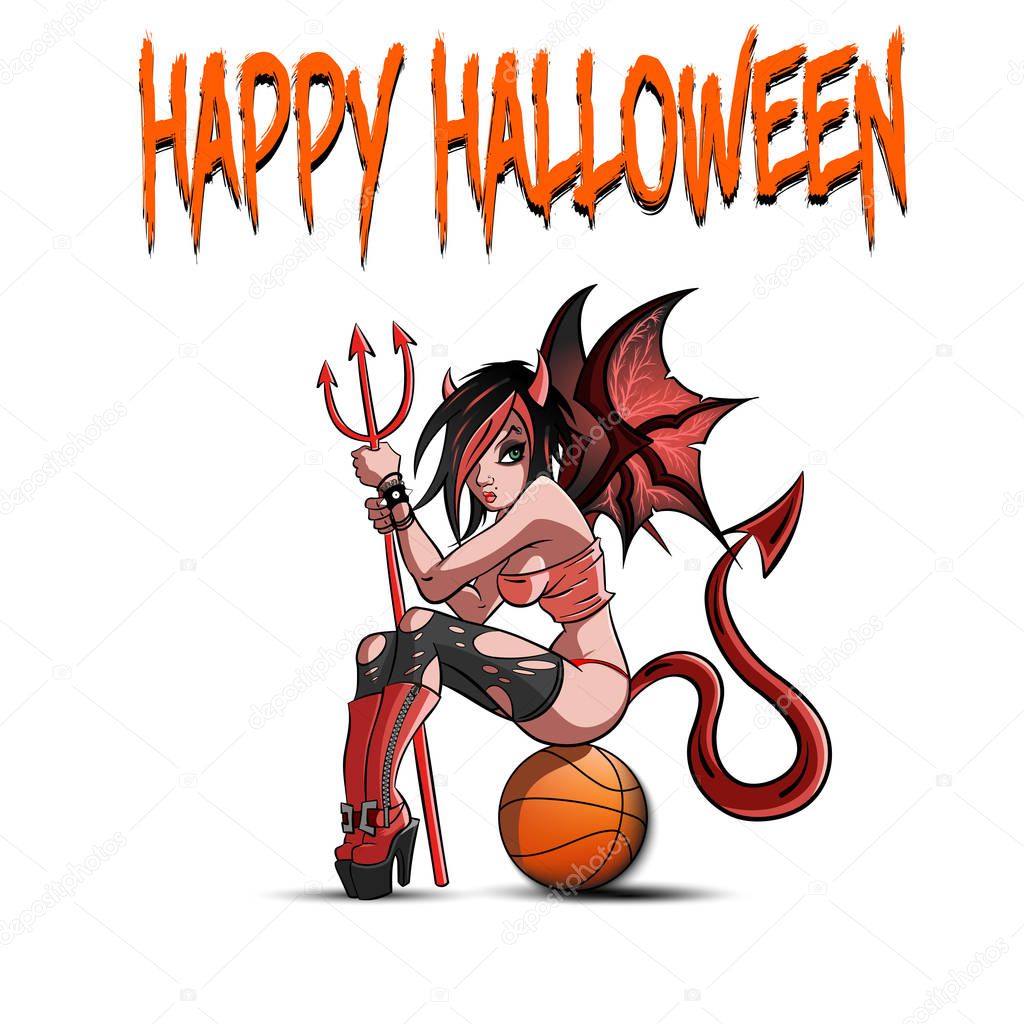 Happy Halloween. Sexy devil woman sitting on a basketball ball on a white background. Design pattern for banner, poster, greeting card, flyer, party invitation. Vector illustration