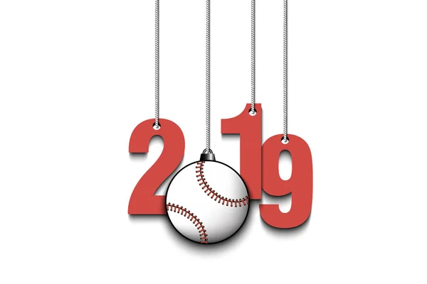2019 Новорічний і бейсбольний м'яч висять на струнах — стоковий вектор