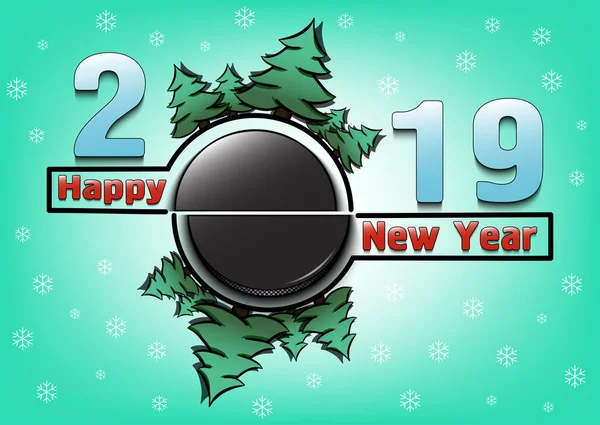 Happy new year 2019 and hockey puck — Stock Vector