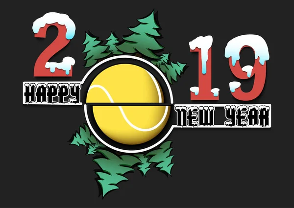 Feliz año nuevo 2019 y pelota de tenis — Vector de stock