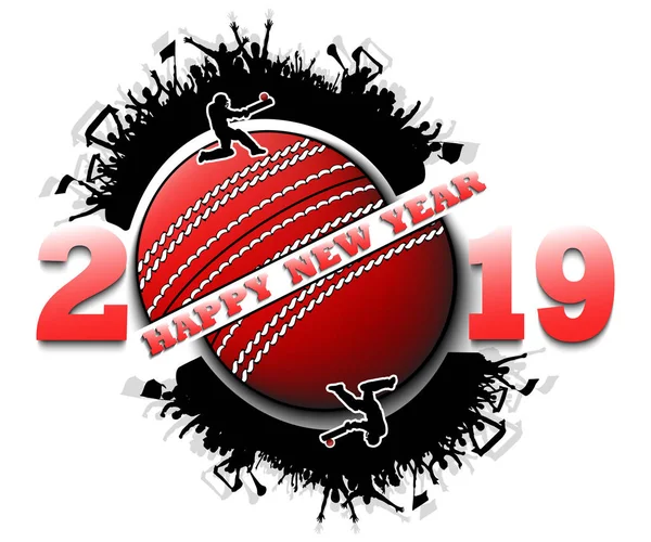 Feliz año nuevo 2019 y la pelota de cricket — Vector de stock