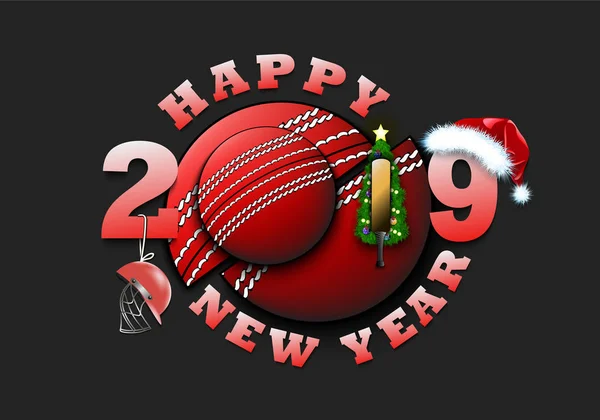 Feliz año nuevo 2019 y la pelota de cricket — Vector de stock