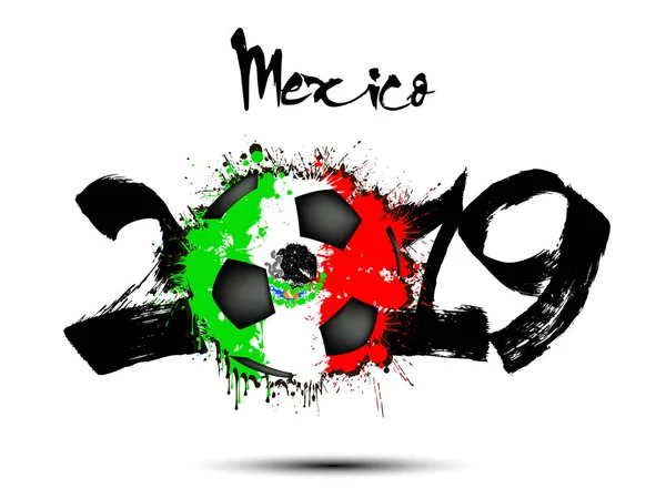 Abstraktní Číslo 2019 Fotbalový Míč Blot Malované Barvách Vlajky Mexiko — Stockový vektor
