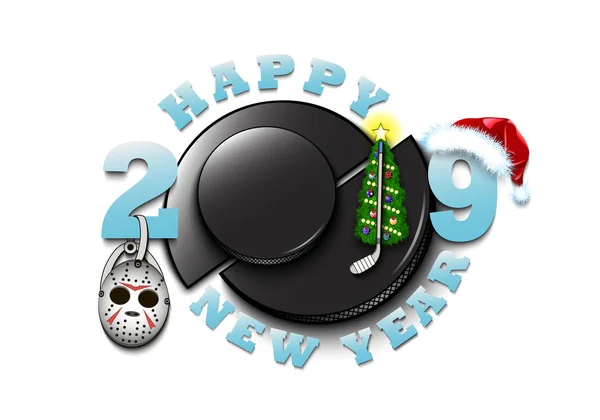 Feliz Año Nuevo 2019 Disco Hockey Con Árbol Navidad Sombrero — Vector de stock