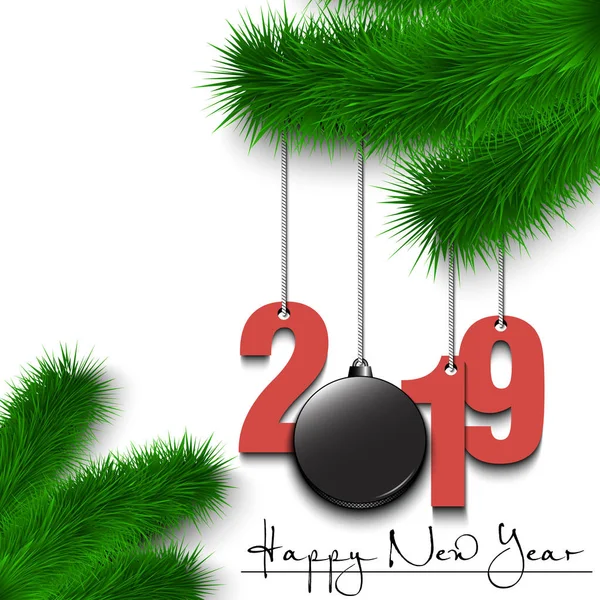 Anul Nou Fericit Numerele 2019 Pucul Hochei Decorațiuni Crăciun Agățate — Vector de stoc