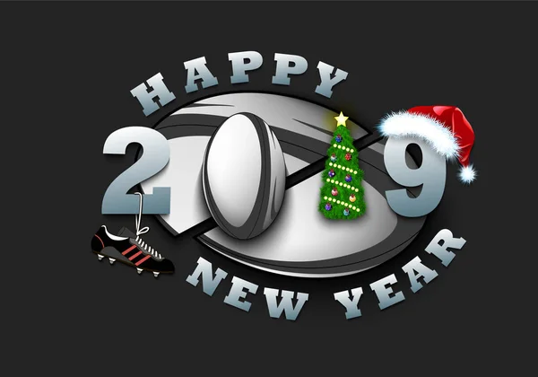 Feliz año nuevo 2019 y pelota de rugby — Vector de stock