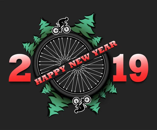 Feliz año nuevo 2019 y rueda de bicicleta — Vector de stock