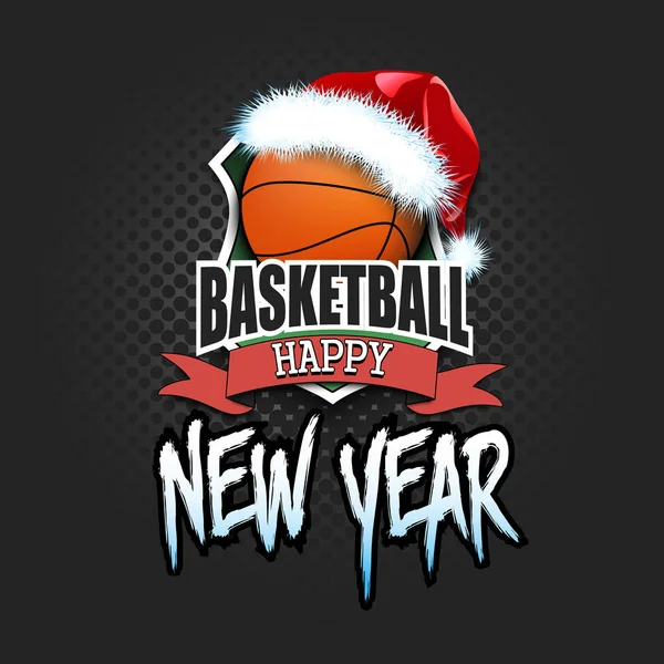 Basketball ball with santa hat and happy new year — Stock Vector