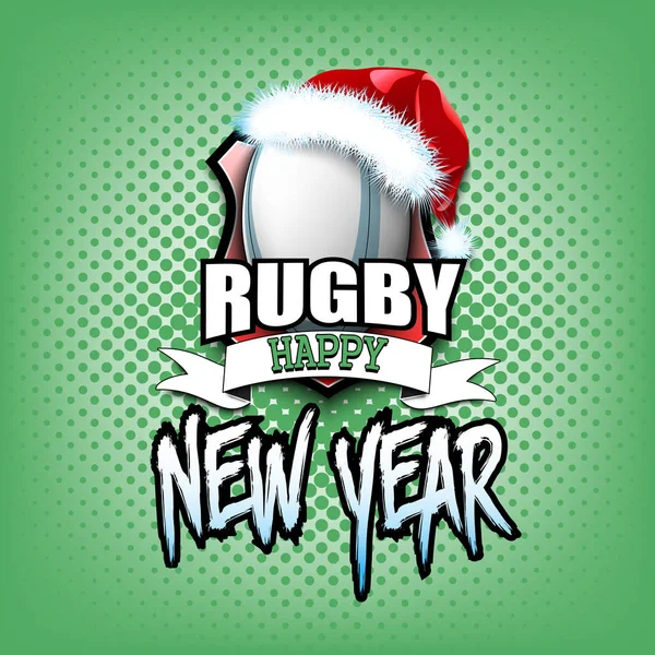 Pelota de rugby con sombrero de santa y feliz año nuevo — Vector de stock