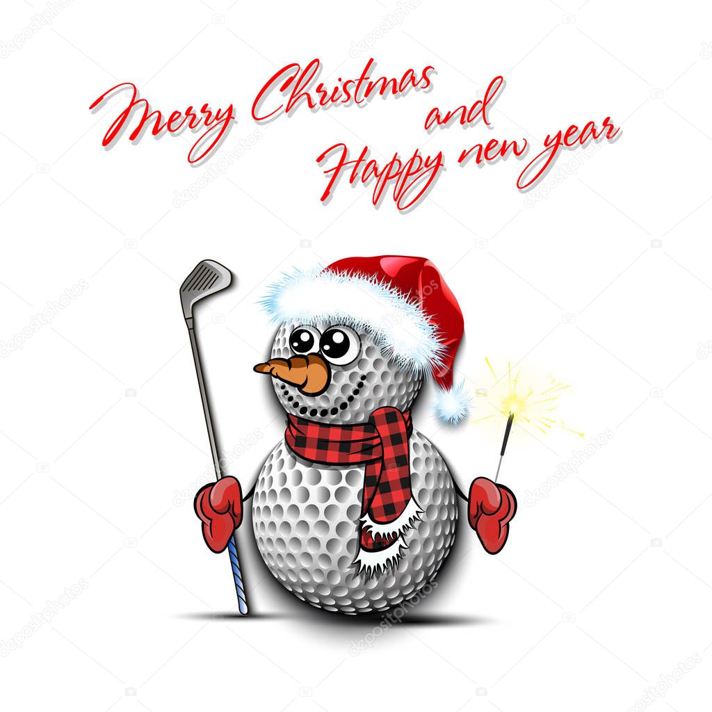 Snowman from golf balls with putter and sparklers