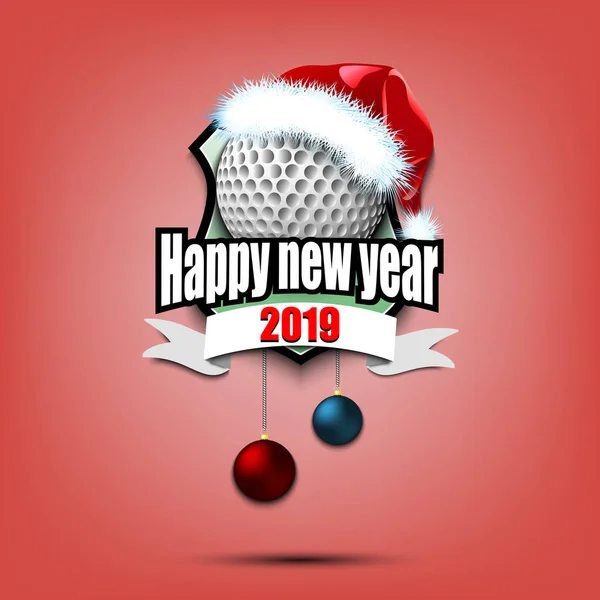 Pelota de golf con sombrero de santa y feliz año nuevo — Vector de stock