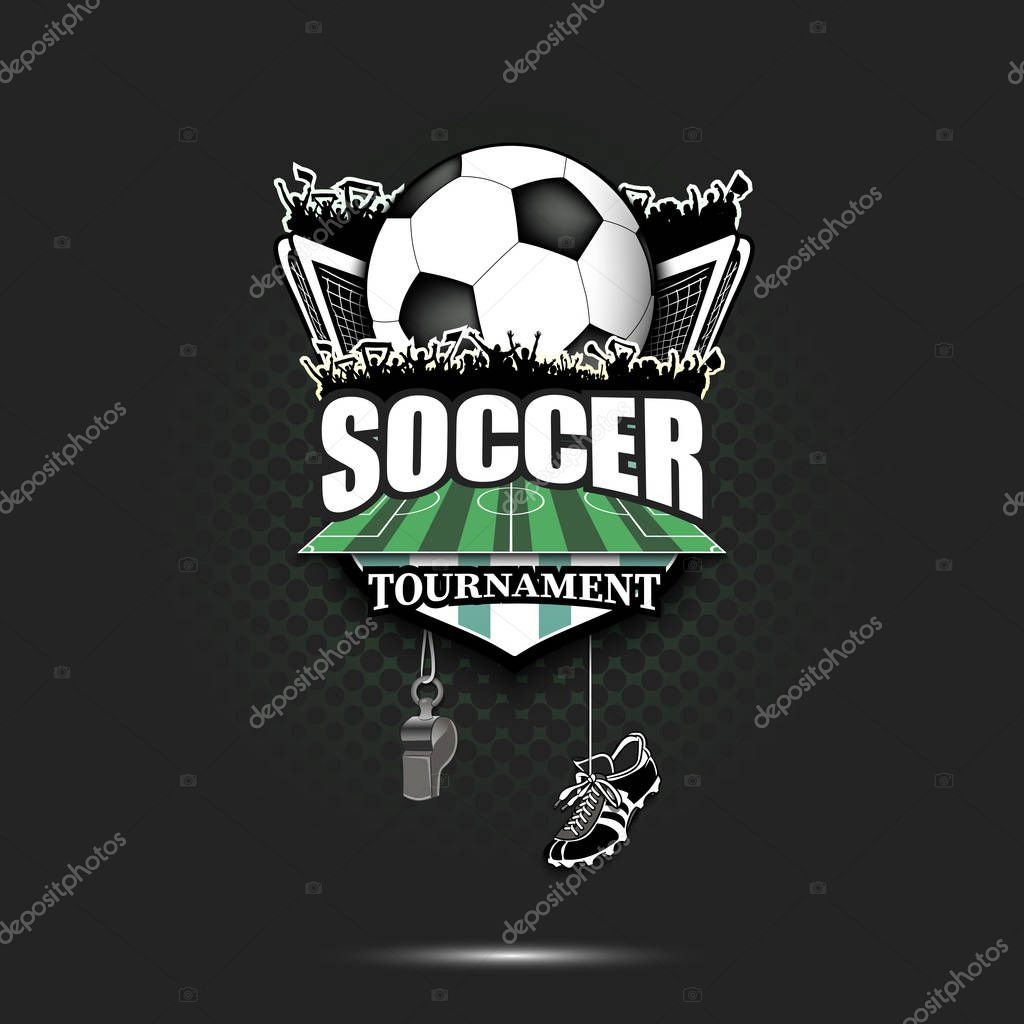 Soccer logo design template. Football emblem pattern. Soccer ball, gate, fans, field, shield, whistle and football boots on background with bubbles. Vector illustration