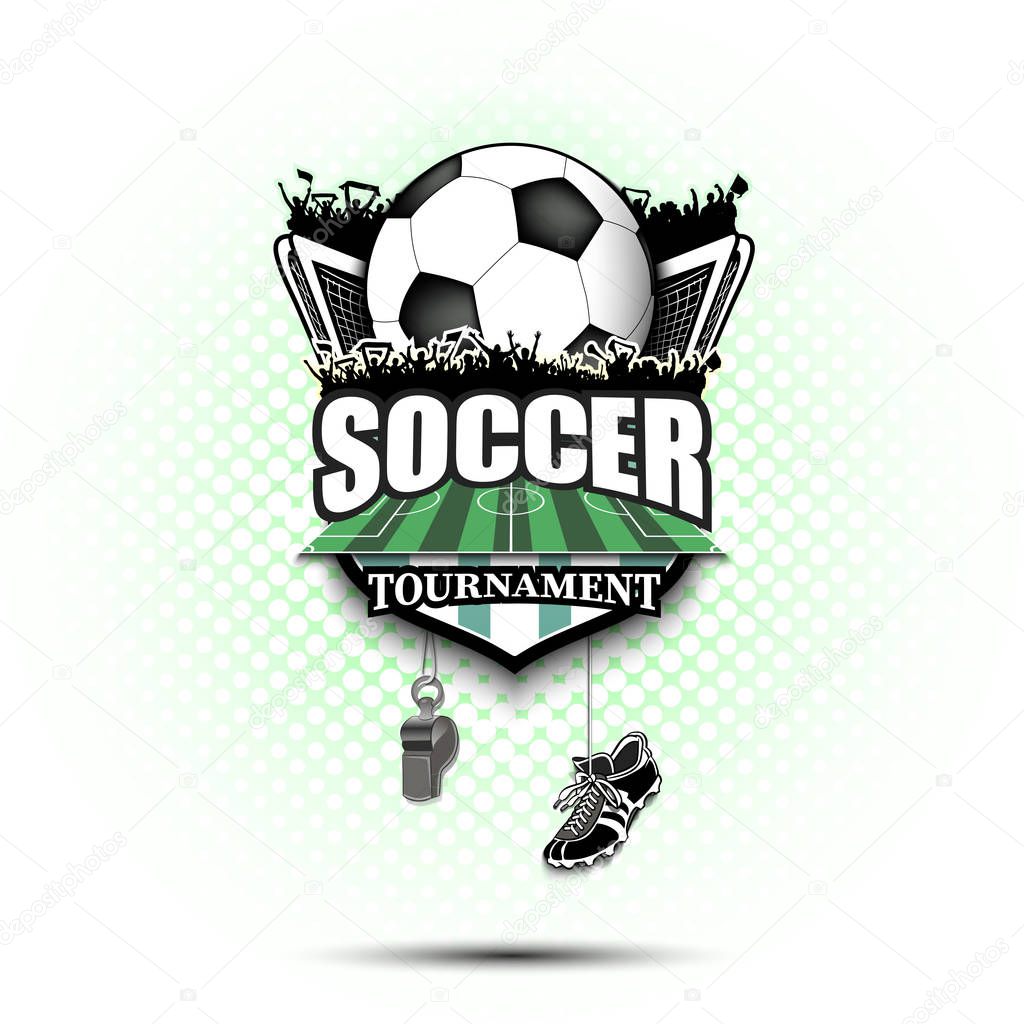 Soccer logo design template. Football emblem pattern. Soccer ball, gate, fans, field, shield, whistle and football boots on background with bubbles. Vector illustration
