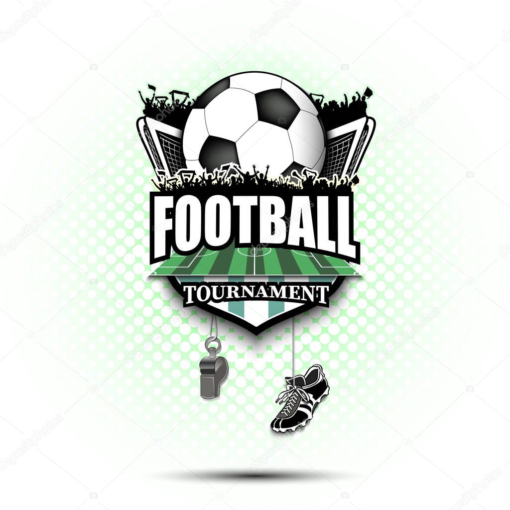 Soccer logo design template. Football emblem pattern. Soccer ball, gate, fans, field, shield, whistle and football boots on background with bubbles. Vector illustration