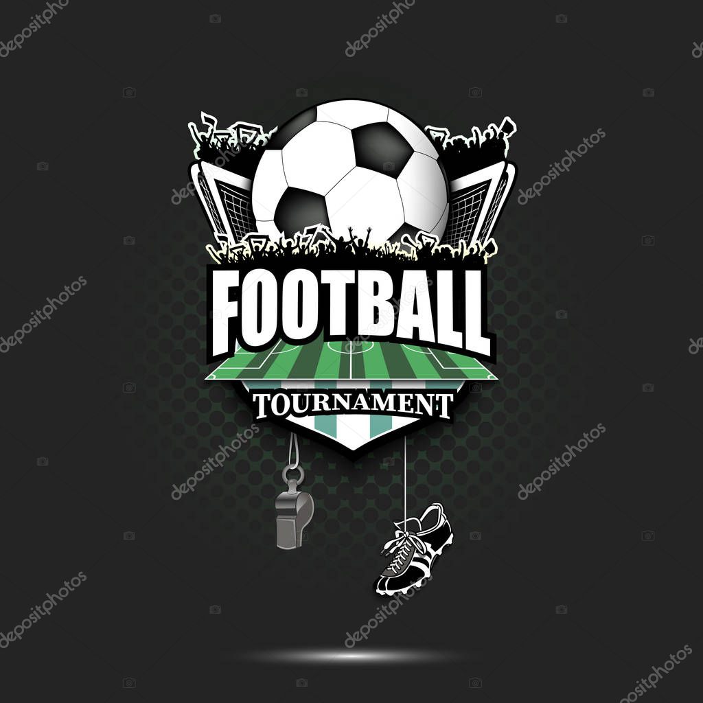 Soccer logo design template. Football emblem pattern. Soccer ball, gate, fans, field, shield, whistle and football boots on background with bubbles. Vector illustration