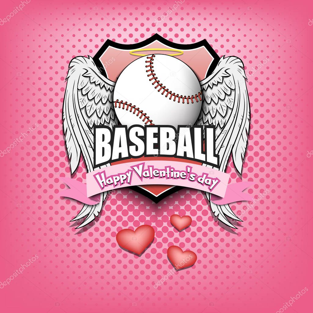 Happy Valentine day. Baseball logo template design. Baseball ball with wings and nimbus. Pattern for banner, poster, greeting card, party invitation. Vector illustration